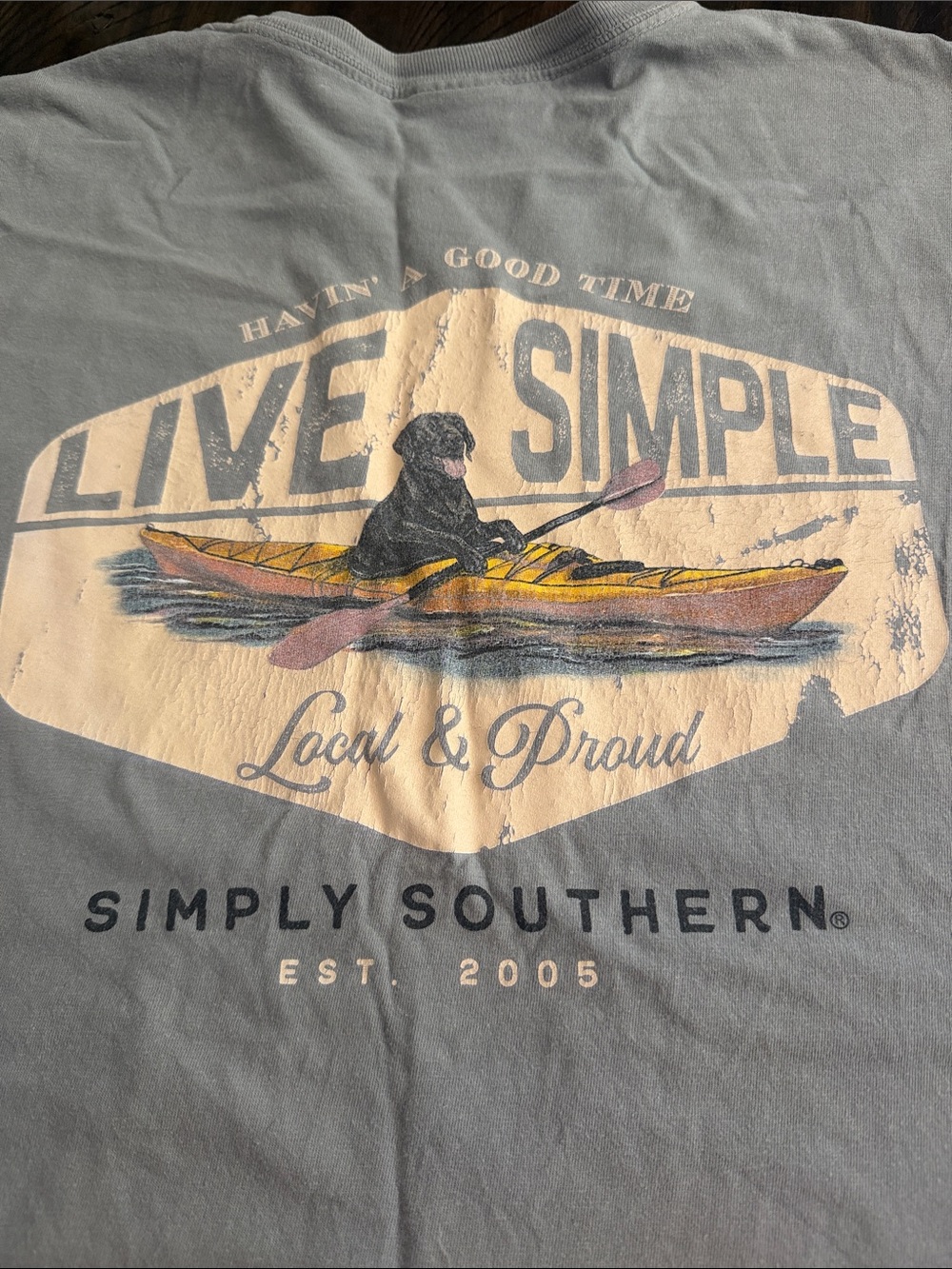 Simply Southern Gray Tee with Cream Badge and Yellow Kayak Graphic